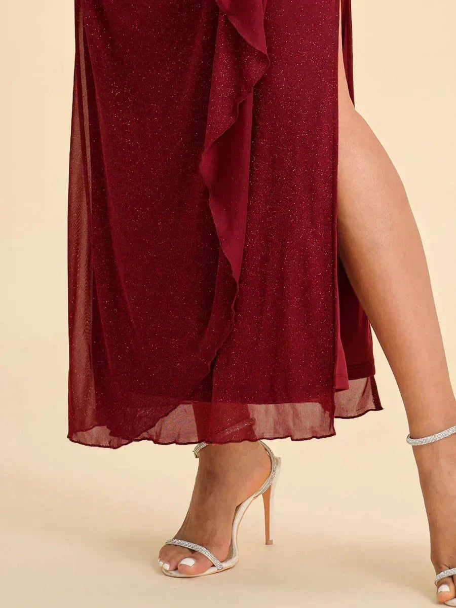 Robe en tulle scintillant à longueur cheville avec épaules dénudées