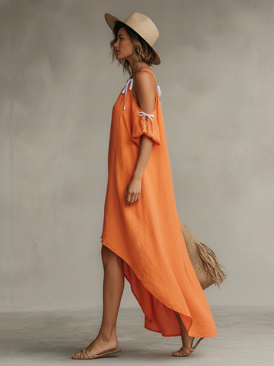 Robe en lin Tamer avec épaule dénudée et jupe asymétrique, robe bohème intemporelle MDZ0337C4I