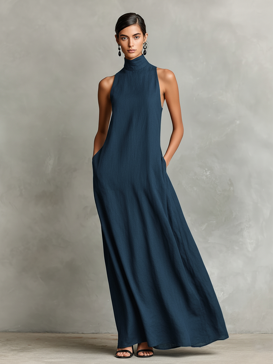 Robe maxi pour femmes en noir avec col haut et poches latérales, robe minimaliste classique MDZ2597D7LYL