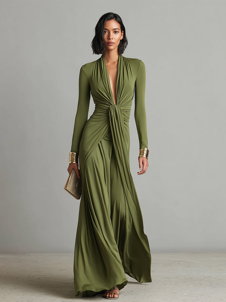 Robe en soie olive pour femmes avec coupe ajustée, décolleté en V profond et détails froissés, robe maxi éclatante MDA0509L8I