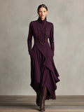 Robe maxi en velours violet pour femmes avec col montant, asymétrique et stylée MDA2055J9I