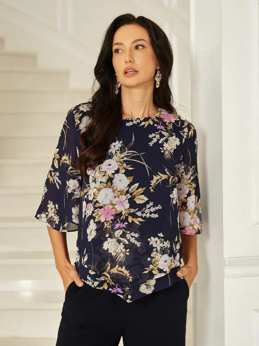 Top en soie floral avec des bordures en couches
