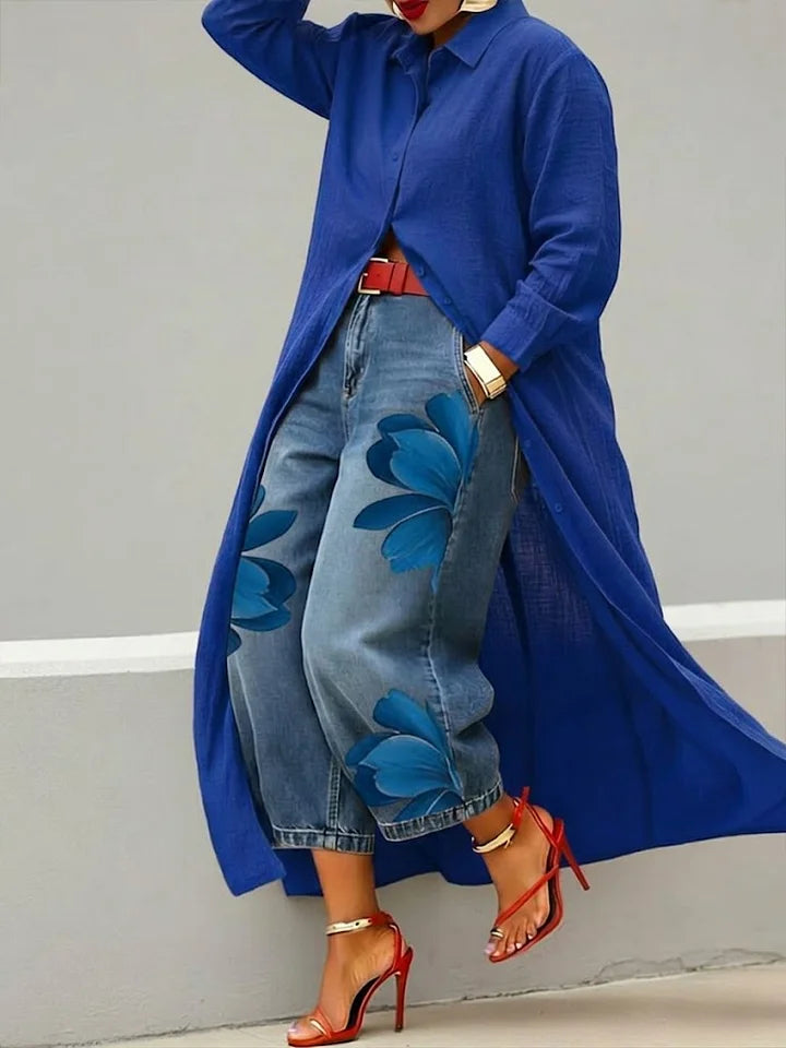 Très | Coordonnée de chemise longue et jeans fleuris