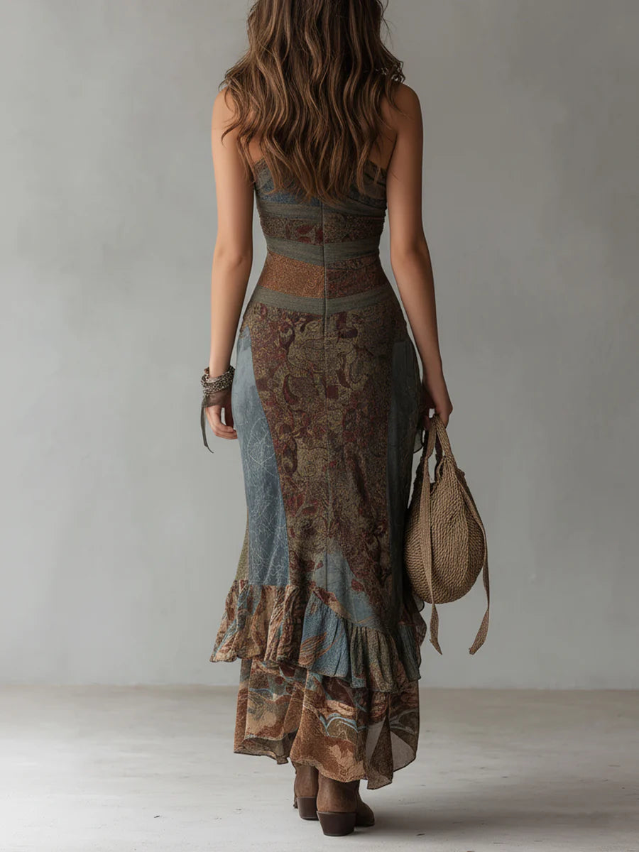 Elena ∙ Robe longue asymétrique à une épaule, imprimé ethnique et fentes hautes