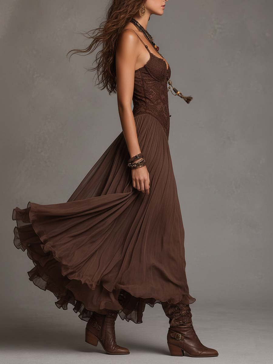 Robes maxi en chiffon avec des panneaux en dentelle de couleur marron foncé