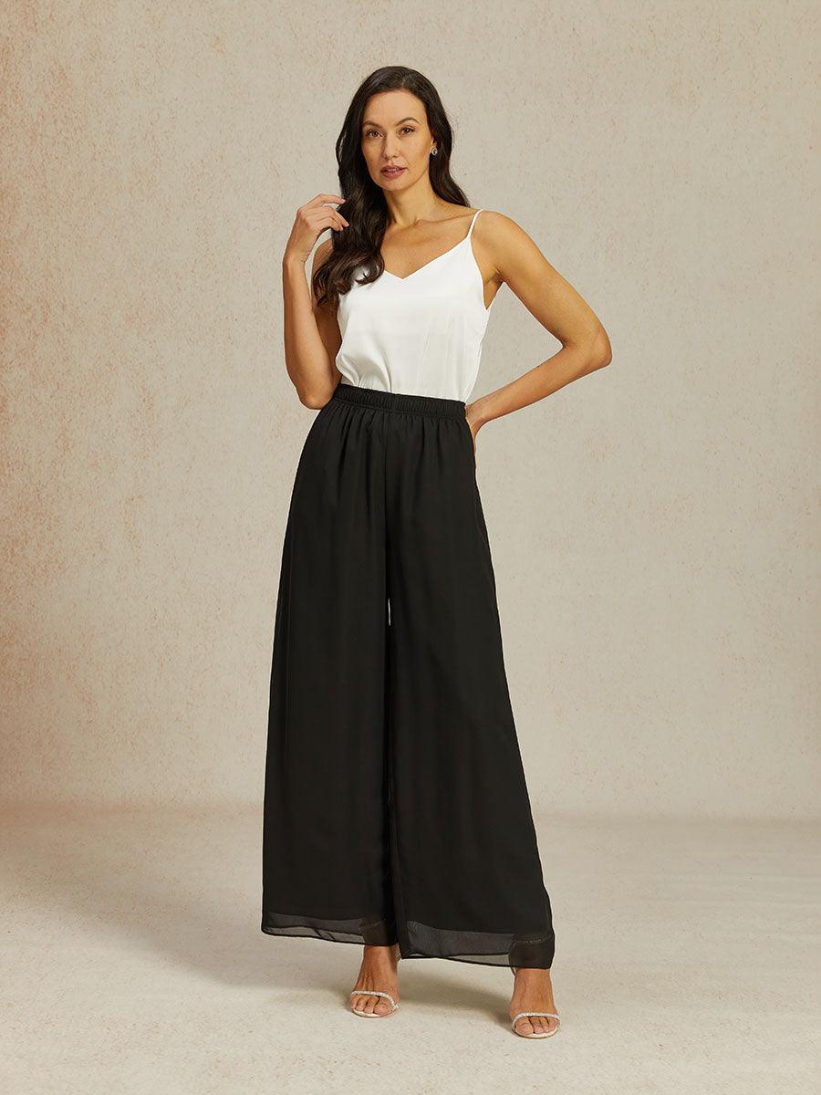 Pantalon en chiffon à jambe large avec taille élastique à hauteur moyenne