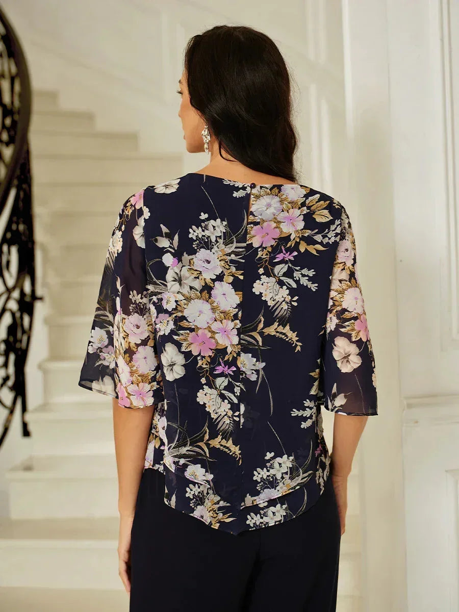 Top en soie floral avec des bordures en couches