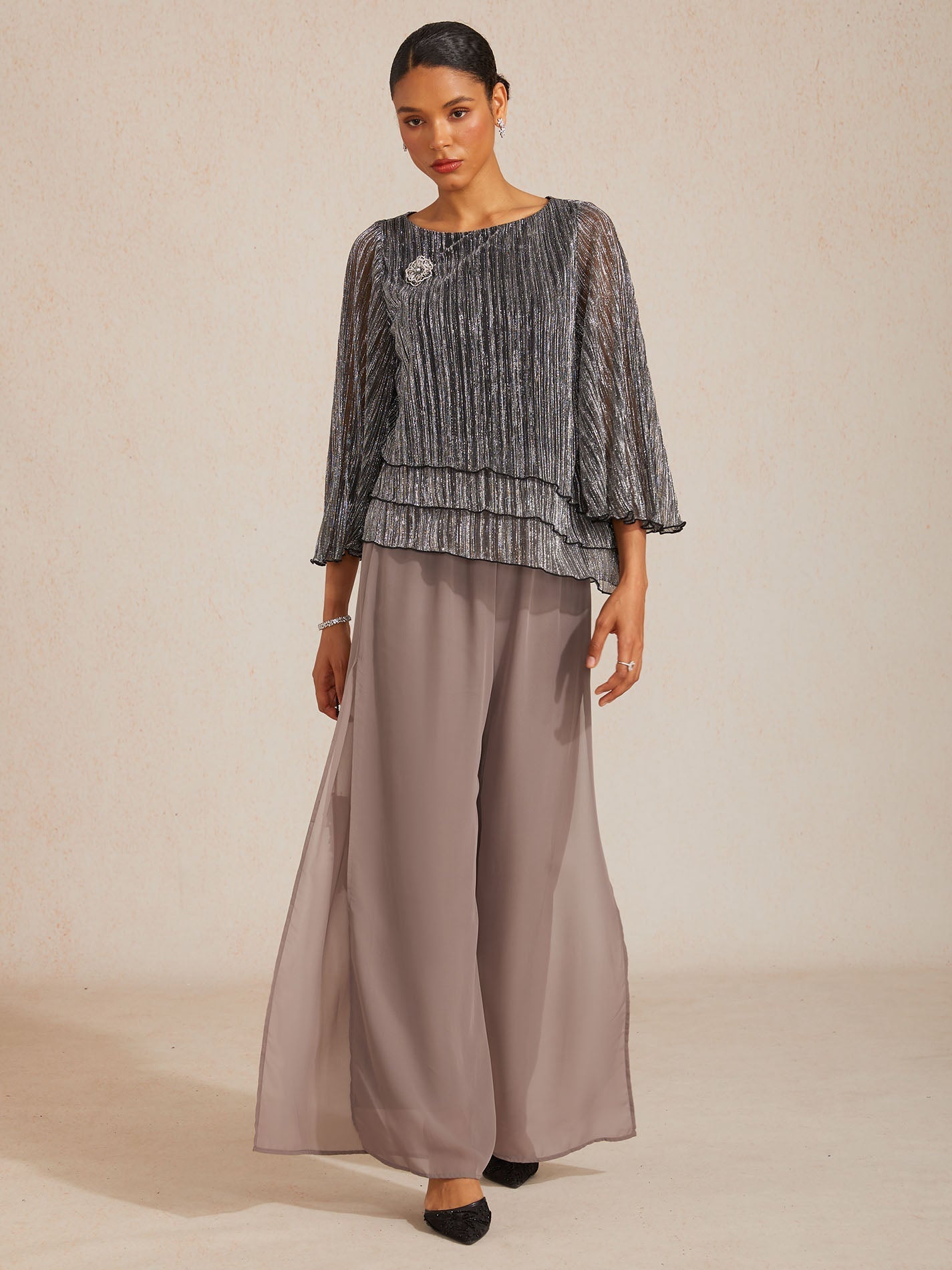 Chemise asymétrique en soie métallique plissée