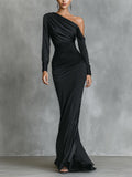 Robe maxi noire élégante pour femmes à une épaule avec ourlet MDA2278I0I