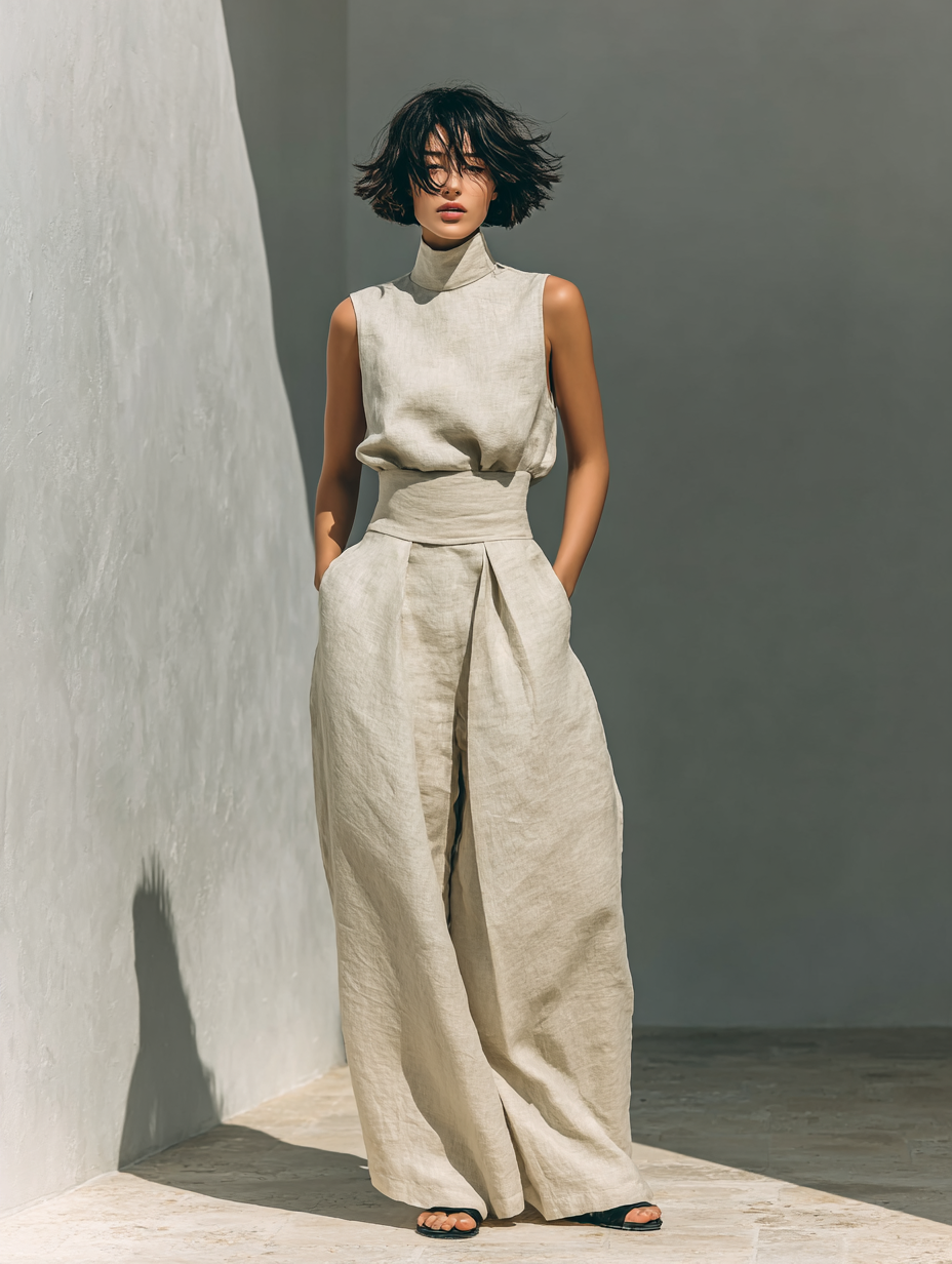 Ensemble composé d'un haut sans manches et d'un pantalon large en coton et lin.