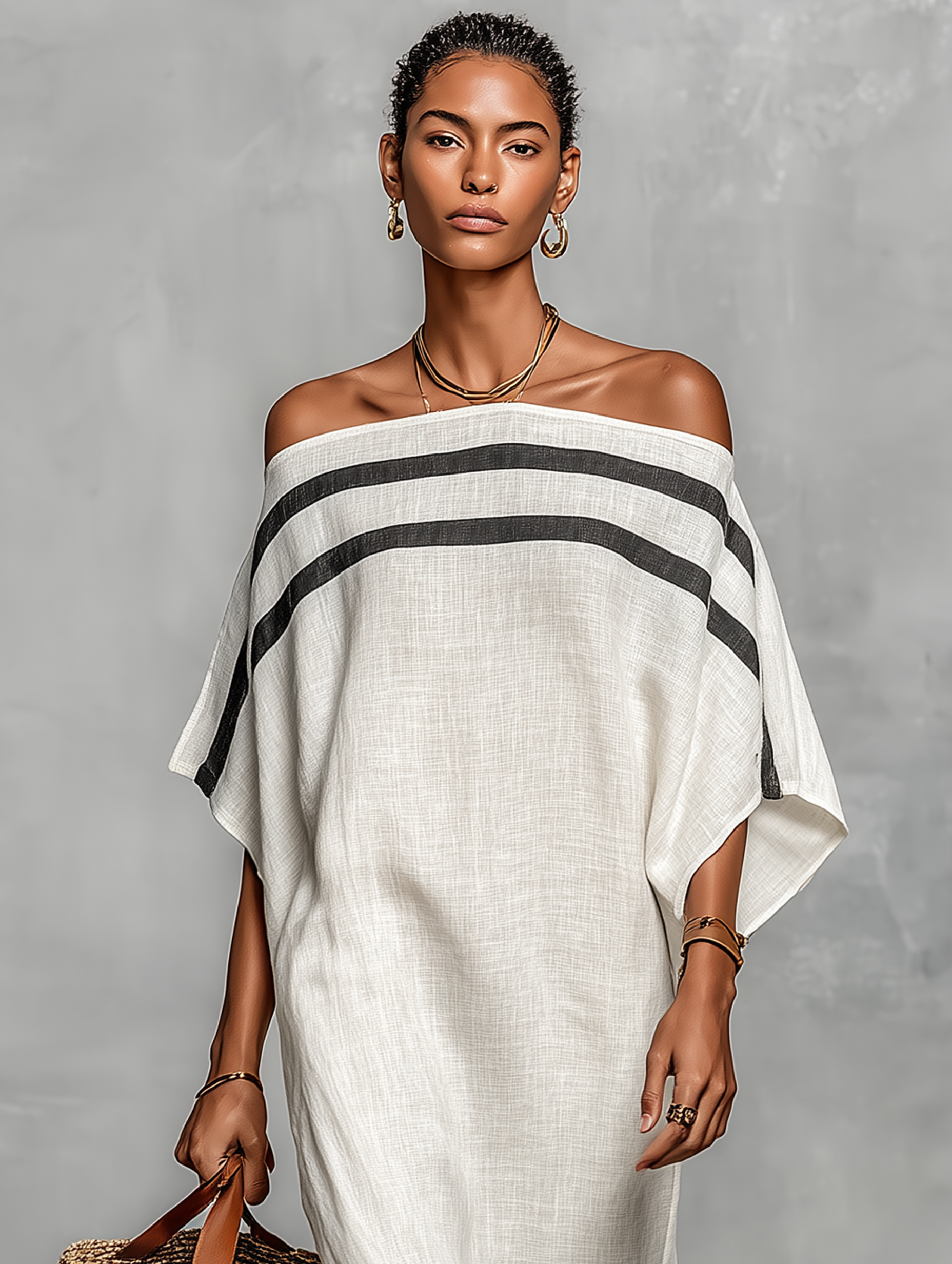 Robes maxi pour femmes dans un style minimaliste en mélange de lin avec des manches batwing et une épaule dénudée MDZ0949A8Y
