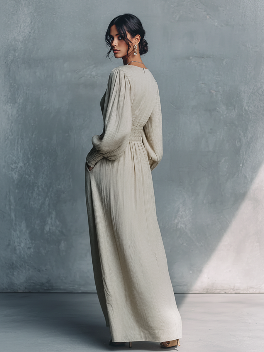Robe maxi pour femmes en beige en coton et lin avec rayures et décolleté en V MDZ0361C4BA