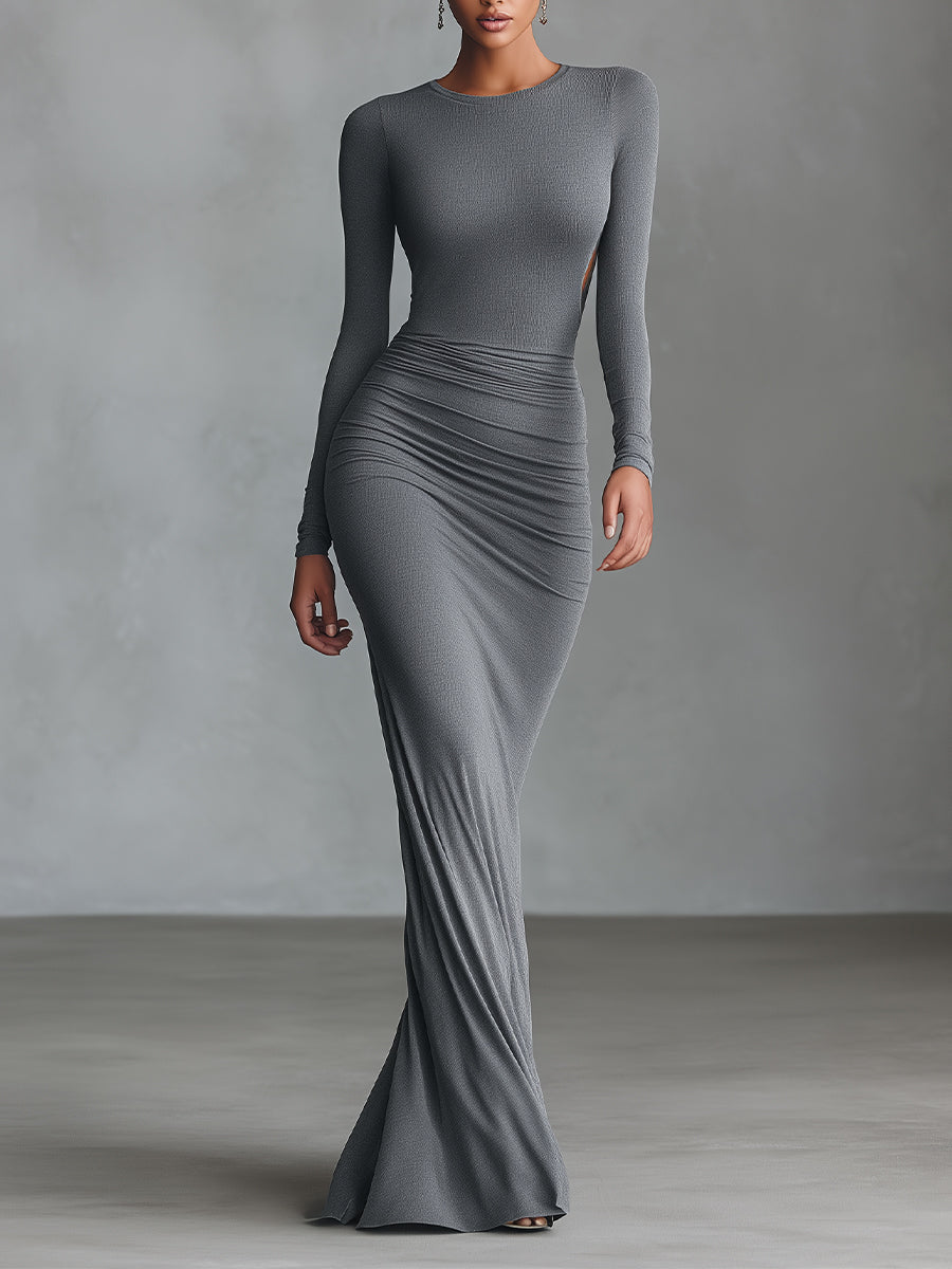 Robe maxi femme élégante grise en taille ajustée - mélange de polyester-coton avec dos ouvert MDA2860H8I
