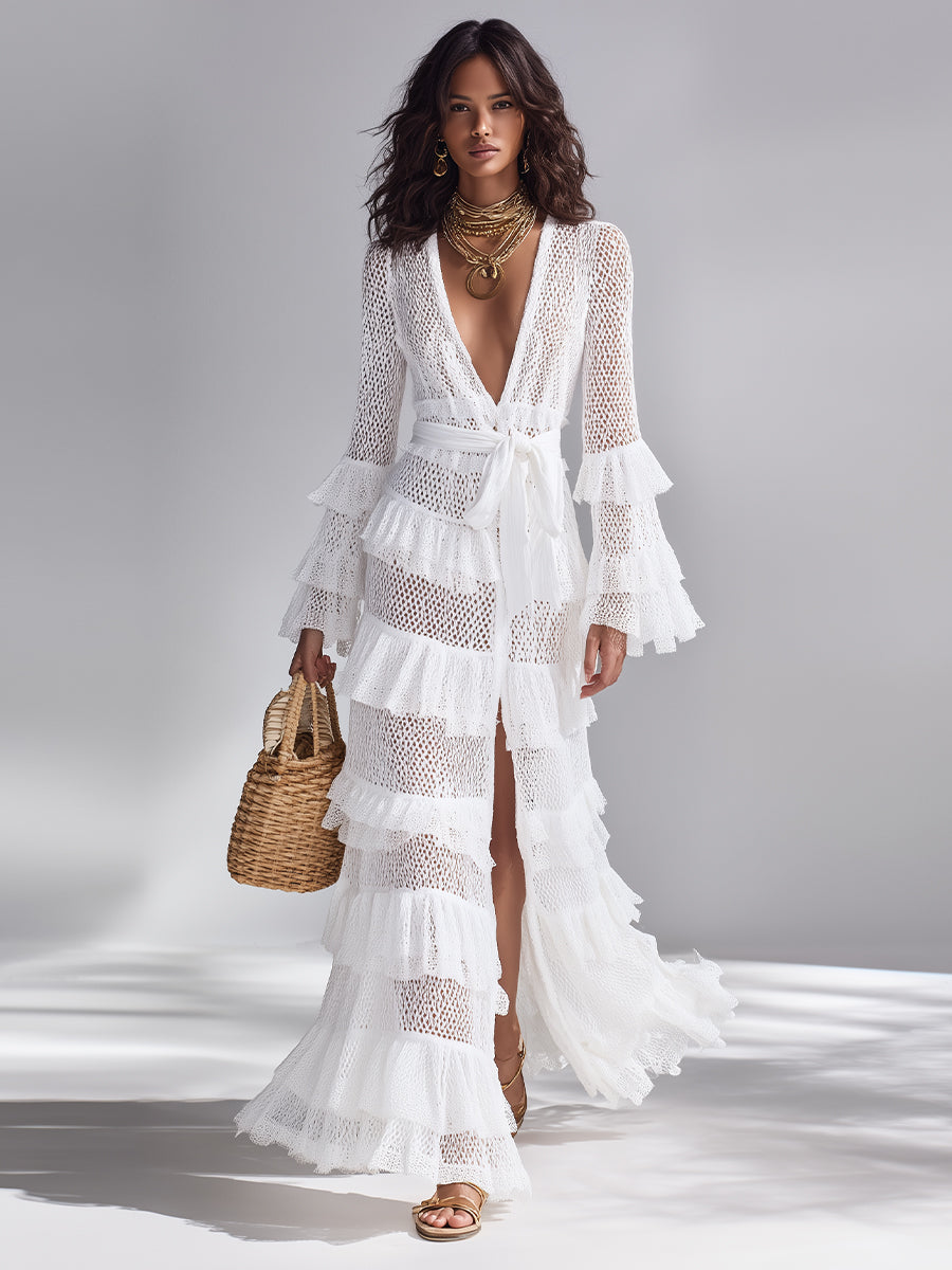 Cardigan tricoté en blanc croustillant pour femmes avec un décolleté en V profond et des volants superposés, style bohémien-glam éternel MDA2372L3I