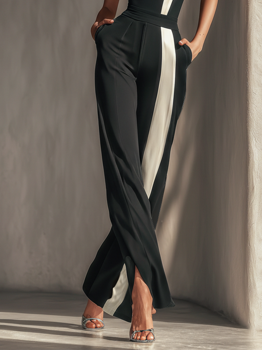 jumpsuit sans bretelles pour femmes en noir avec des rayures verticales blanches contrastées et des poches latérales MDZ0336C7T