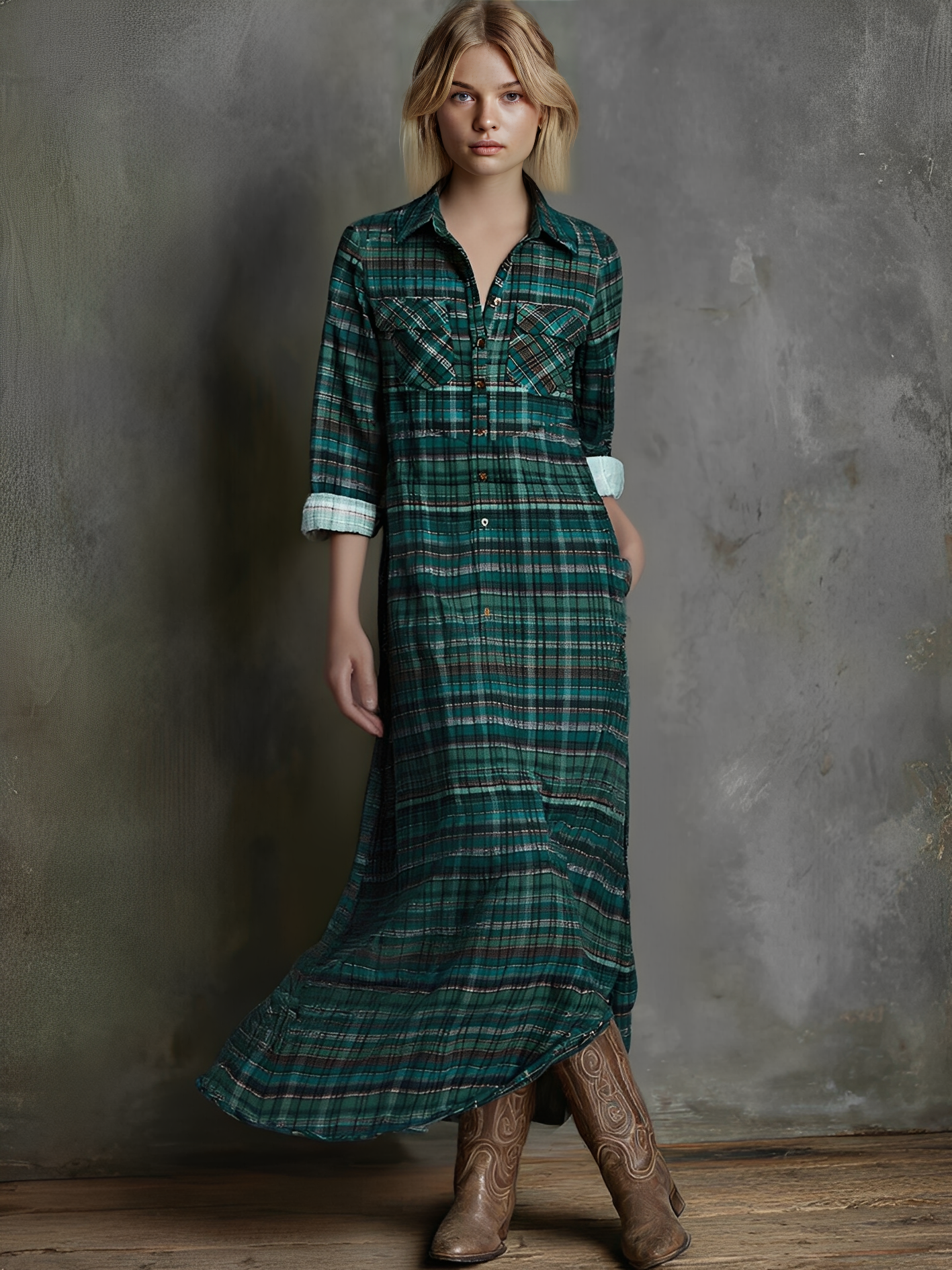 Robe maxi à imprimé à carreaux pour femmes avec manches longues MDA0514L8Y