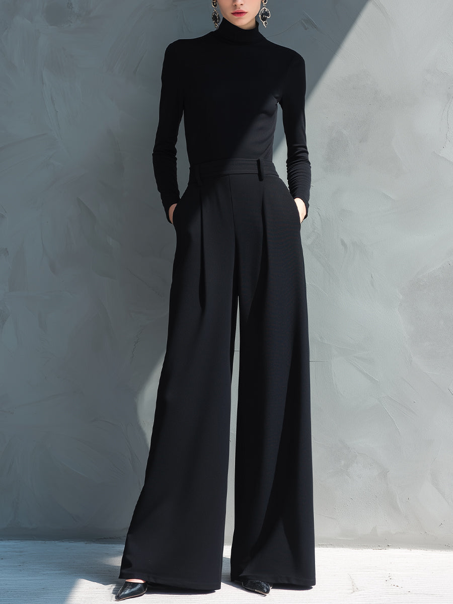 Combinaison en jersey classique pour femmes en noir avec col montant et jambes larges - MDA2133J5I
