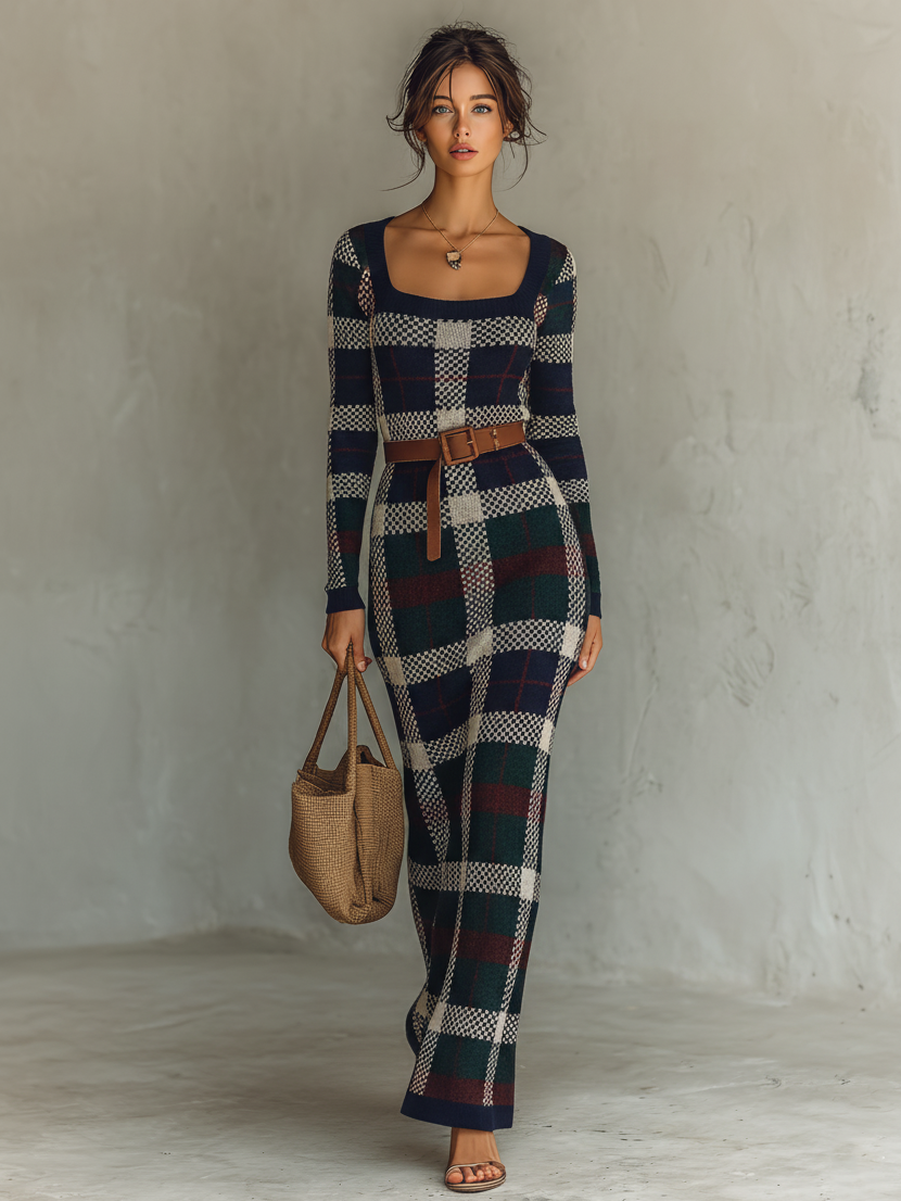 Robe maxi avec col carré, jupe fluide et tissu tricoté pour femmes MDA2984J0Y