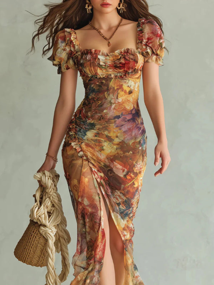 Robe maxi élégante avec décolleté carré, manches courtes et motifs floraux