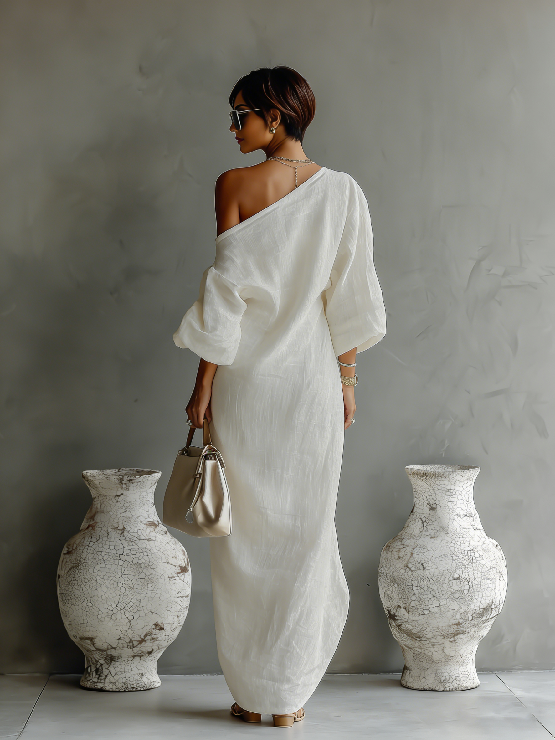 Robes femmes blanc éclatant en mélange de coton-lin avec une épaule