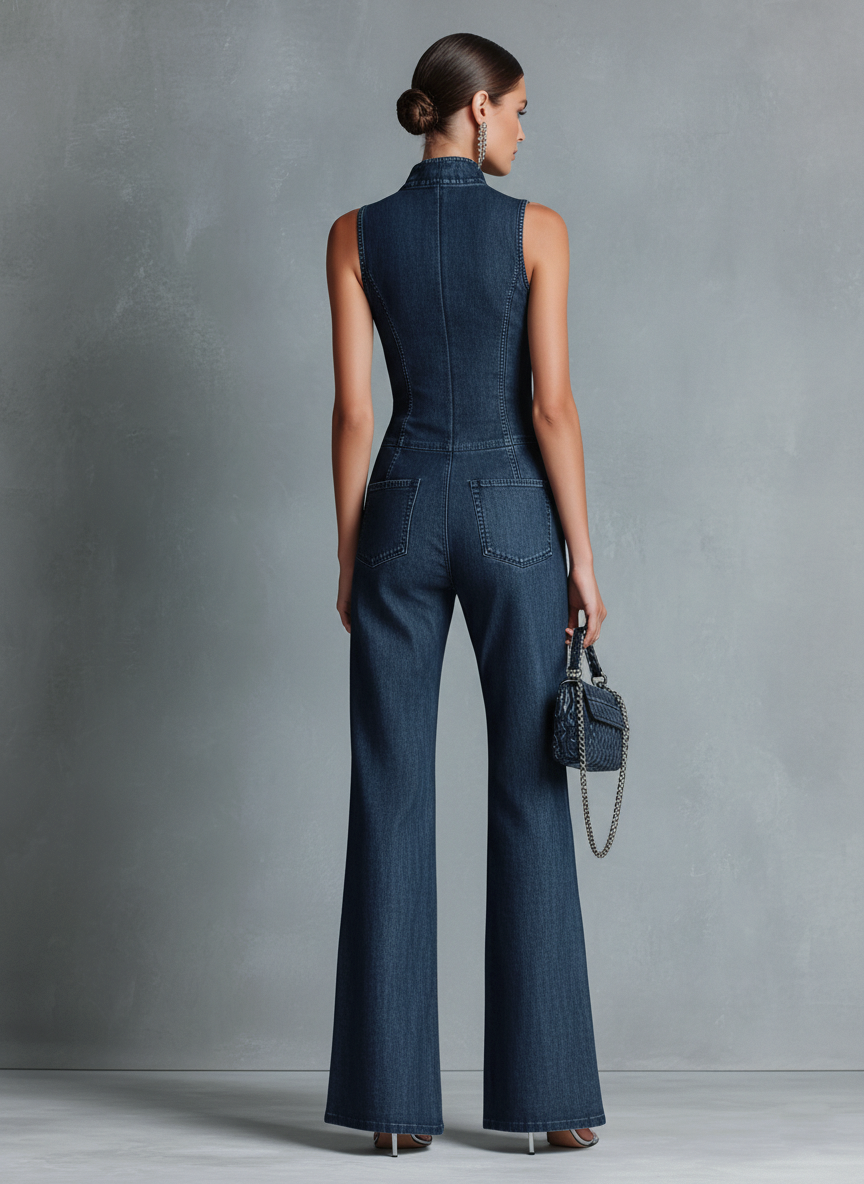 Robe en jean foncé avec col haut, sans manches, avec fermeture éclair avant MDZ1239B2BA