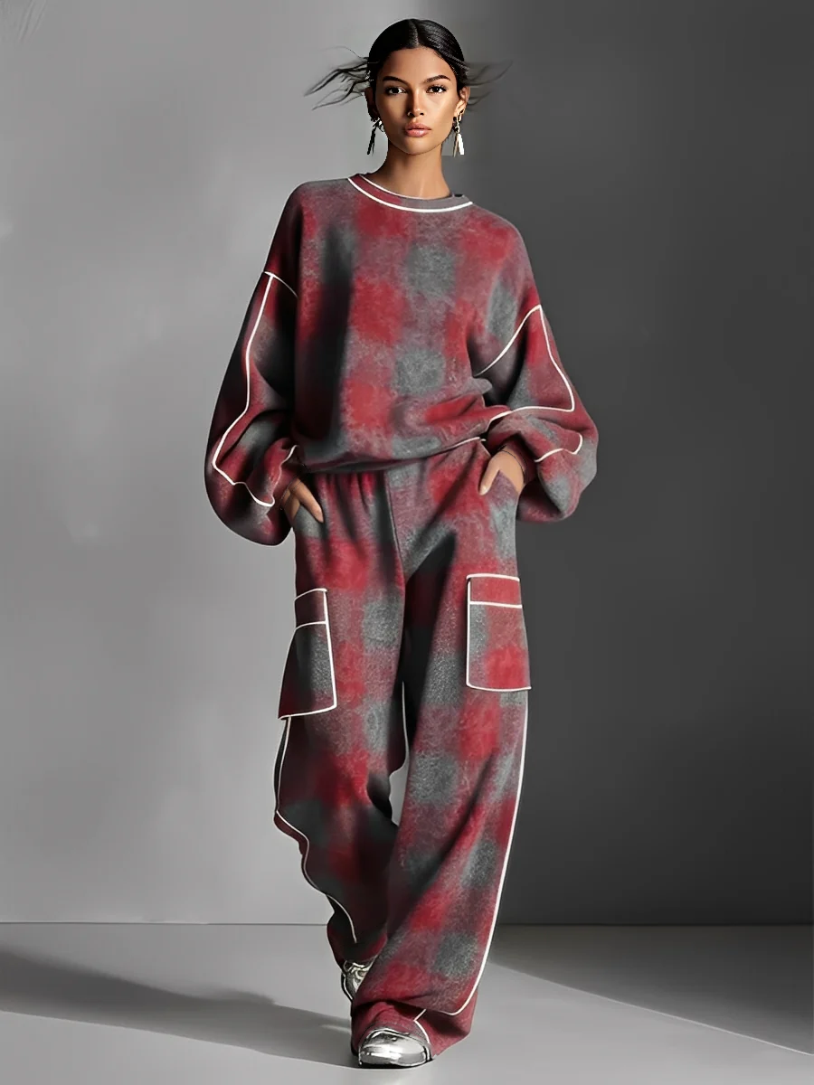 Ensemble de pantalons avec passepoil coloré style urbain pour femmes, en rouge et gris avec du lin MDA1065K4I