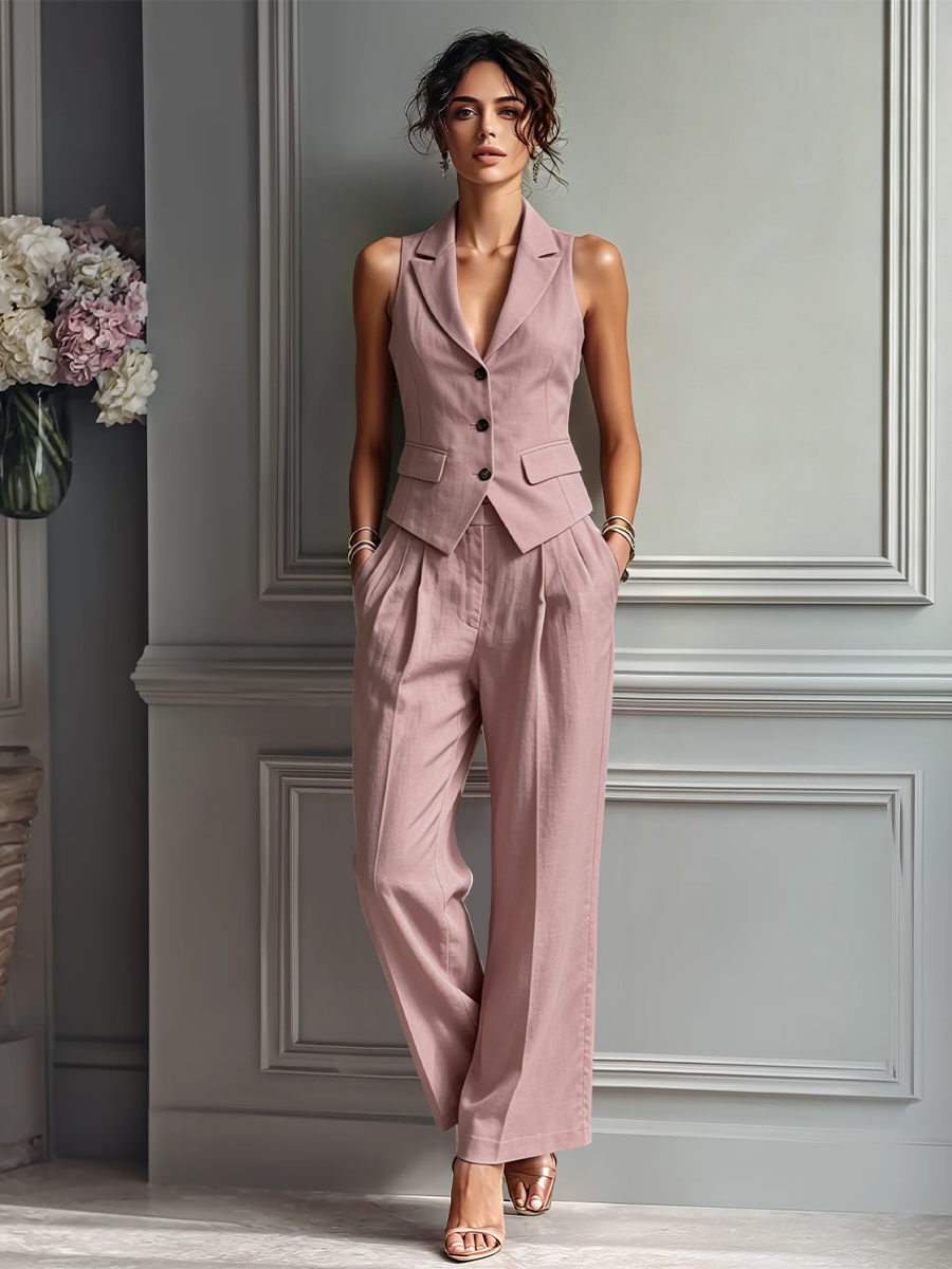 Gilet sans manches en lin rose fumé pour femmes et pantalon large - ensemble deux pièces avec col à rabat MDZ3005A5T