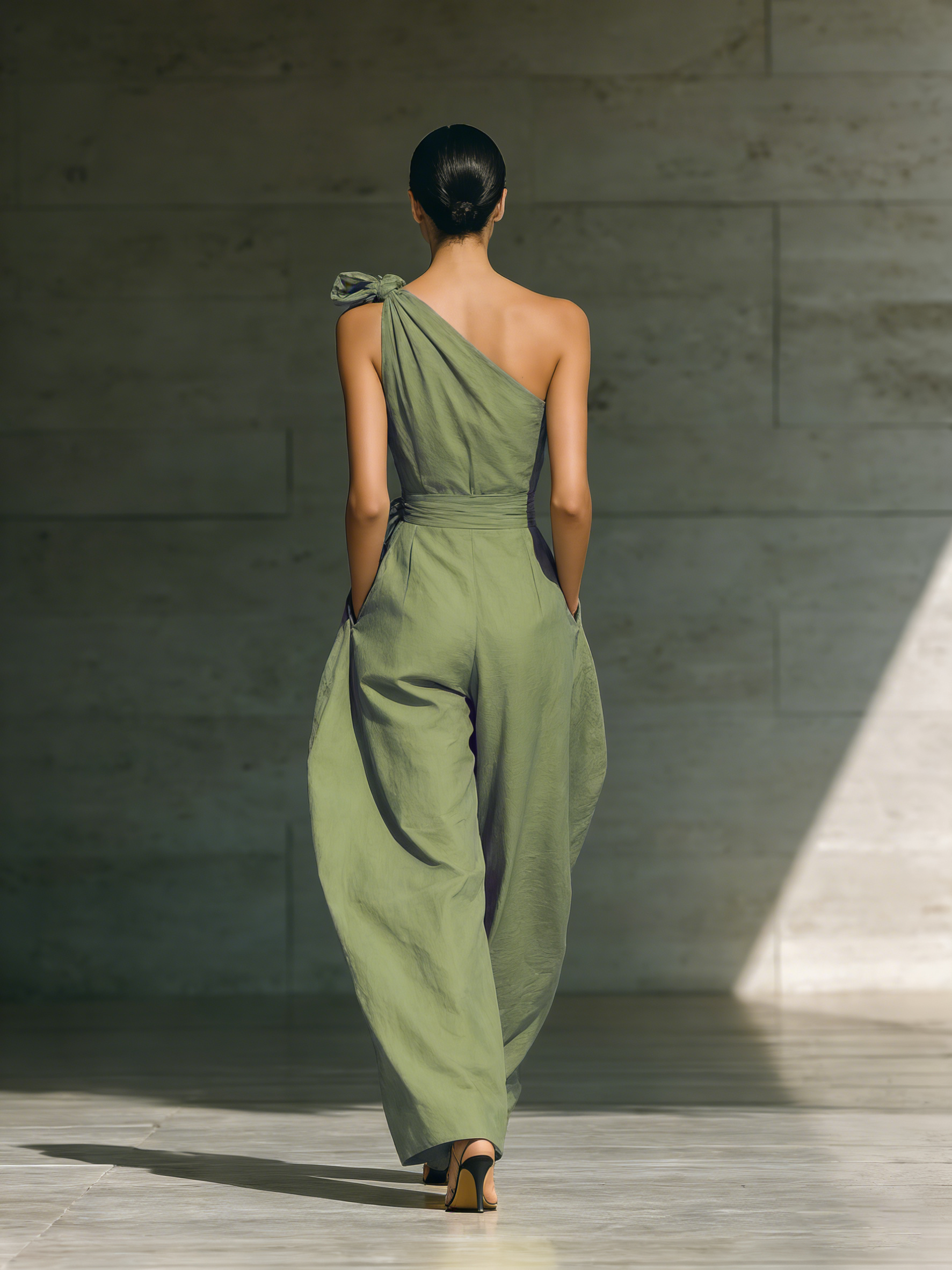 Robe jumpsuit à une bretelle et jambes larges de couleur vert clair pour femmes avec taille à nouer MDZ3136A8T