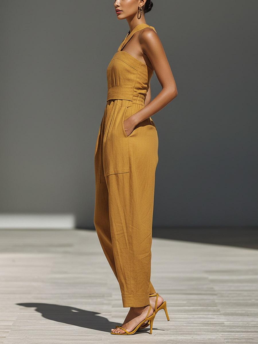 Ensemble femme couleur moutarde avec col croisé et pantalon ample MDZ2808B6T