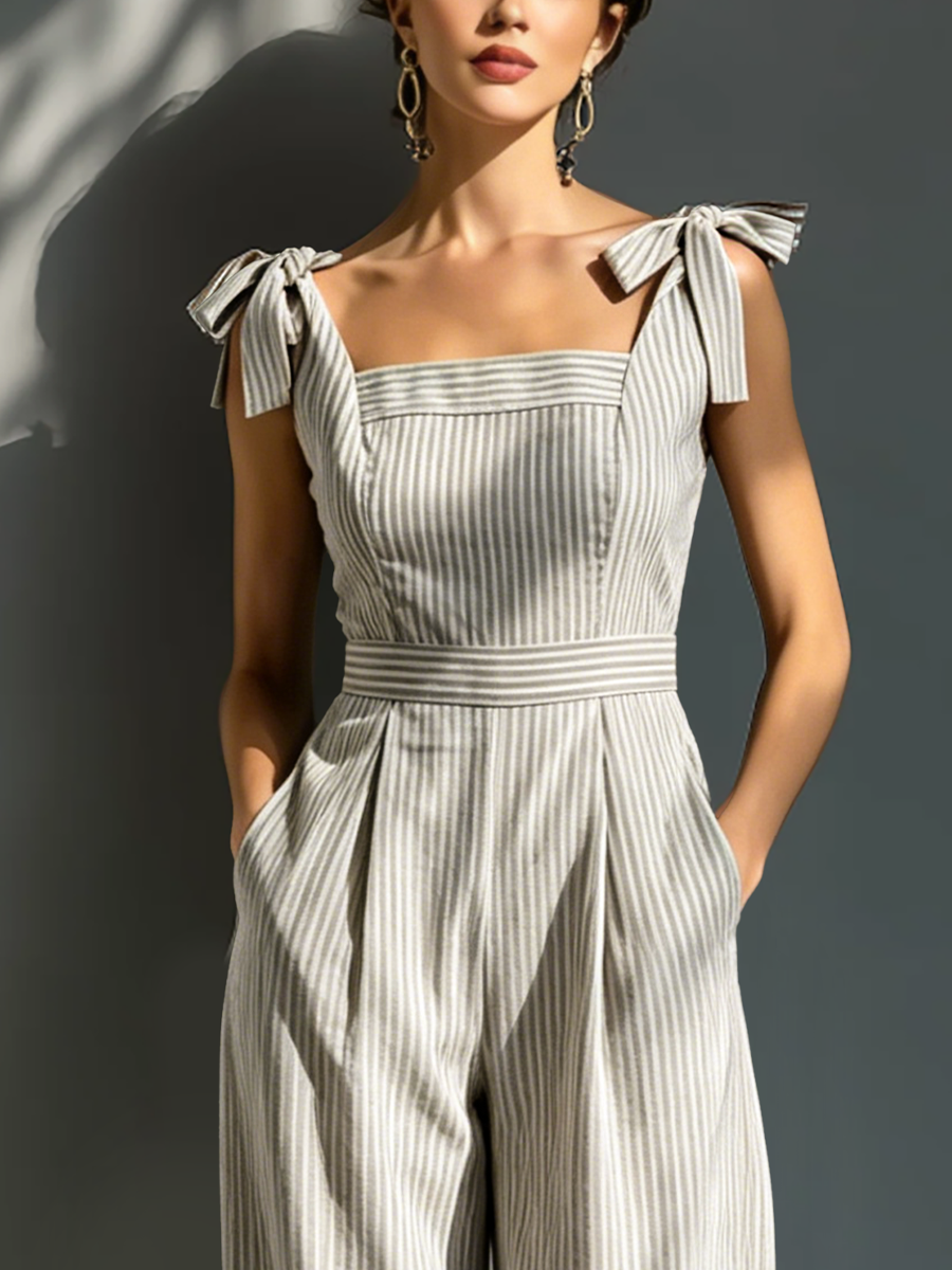 Ensemble femme en beige et blanc avec des rayures en lin, col carré et liens à nouer MDZ2733B8T