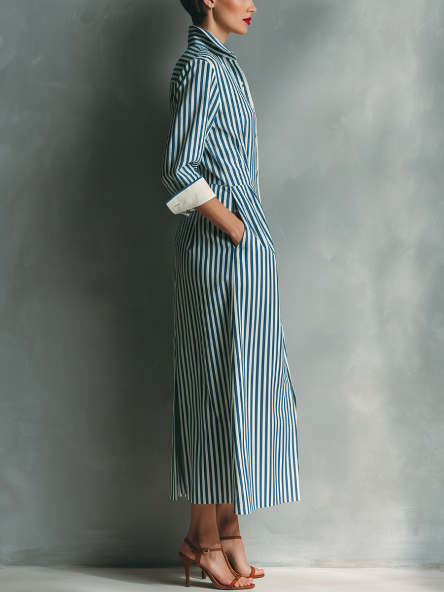 Robes chemises rayées en bleu et blanc pour femmes avec poche poitrine rouge MDZ1286C2T