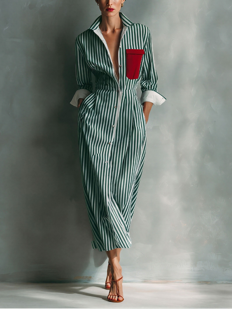 Robes chemises rayées en bleu et blanc pour femmes avec poche poitrine rouge MDZ1286C2T