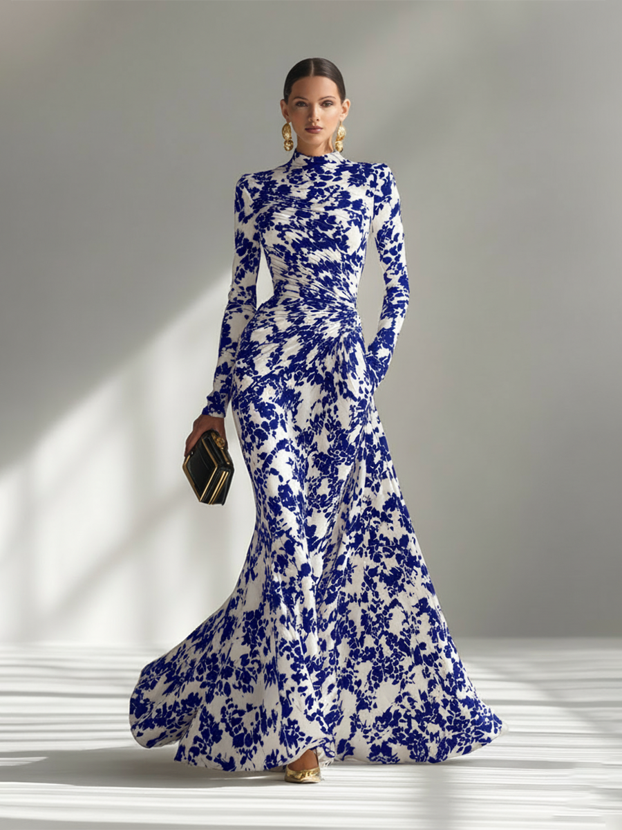 Robe maxi pour femmes avec col haut à fleurs, noir et blanc MDA1295K1AP