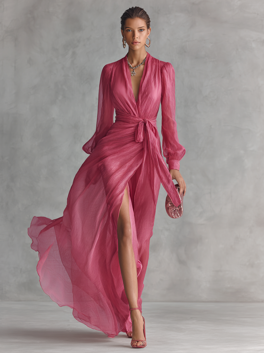 Robes longues avec col en V et ceinture - Rose perle élégant pour femmes MDZ1925A7BA