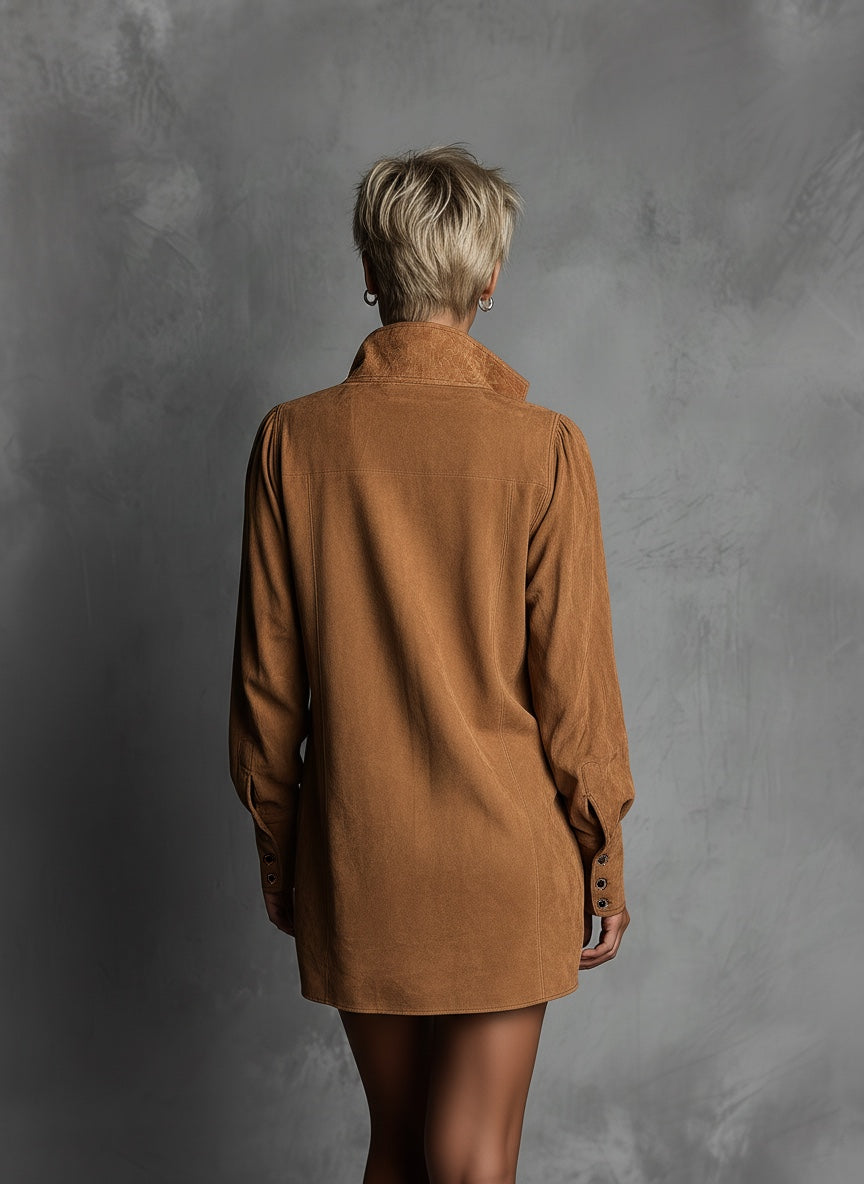 Robe décontractée pour femmes avec col en V en daim imprimé avec manches longues MDA0483K5AN