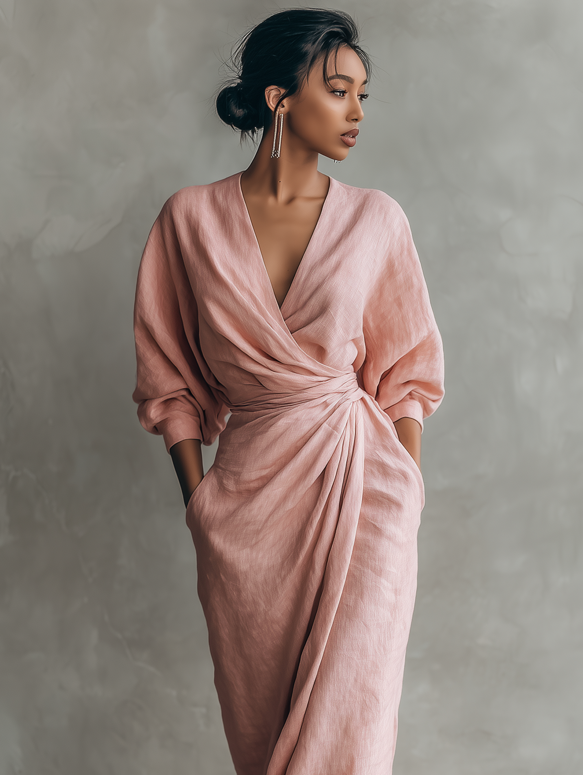 Robe maxi pour femmes en rose minimaliste avec col en V