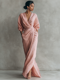 Robes longues minimalistes roses avec décolleté en V en mélange de lin pour femmes