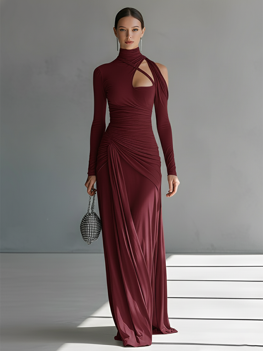 Robe maxi femme grise en soie stretch avec détails froissés et coupe MDA0546K6I