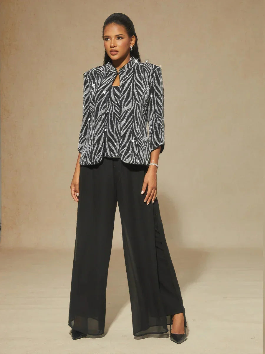 Twinset avec col mandarine et motif zèbre orné de diamants
