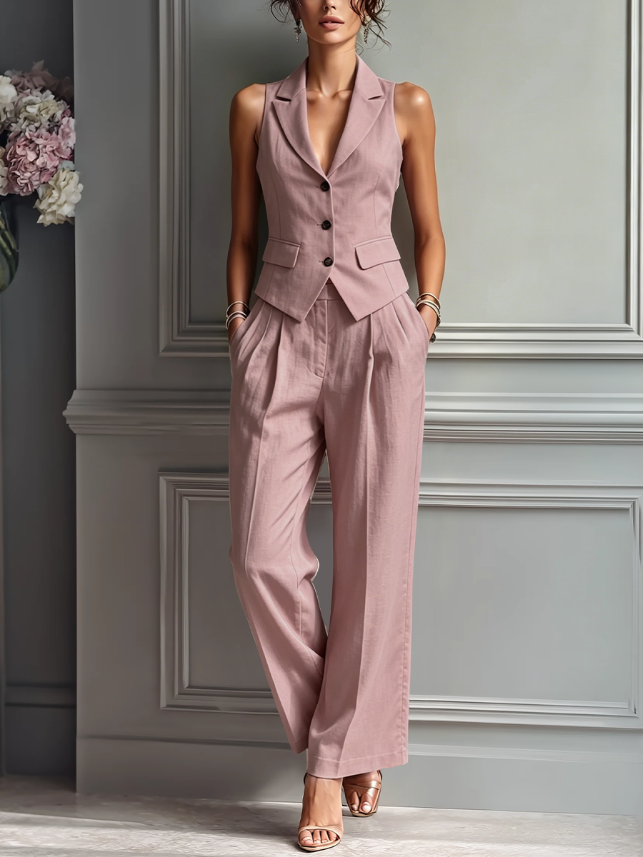 Gilet sans manches en lin rose fumé pour femmes et pantalon large - ensemble deux pièces avec col à rabat MDZ3005A5T