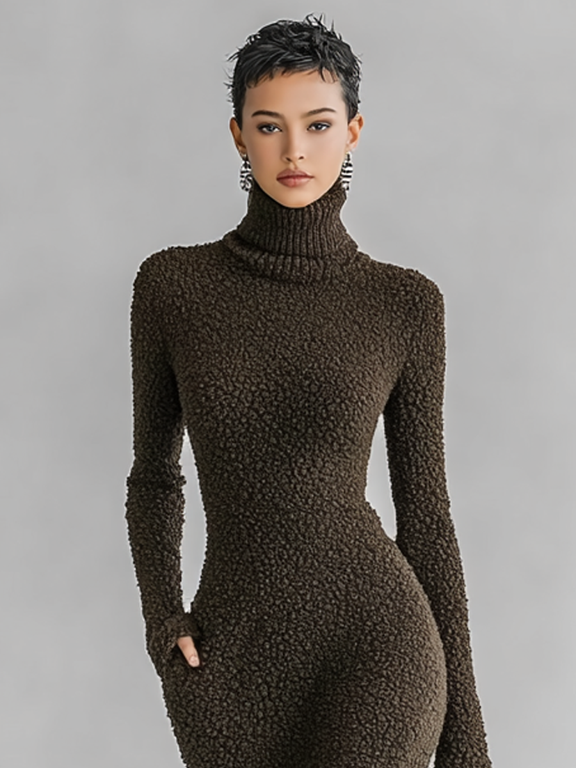 Robe midi femme avec col montant, découpe latérale, style ajusté, lin doux MDA1401J4Y