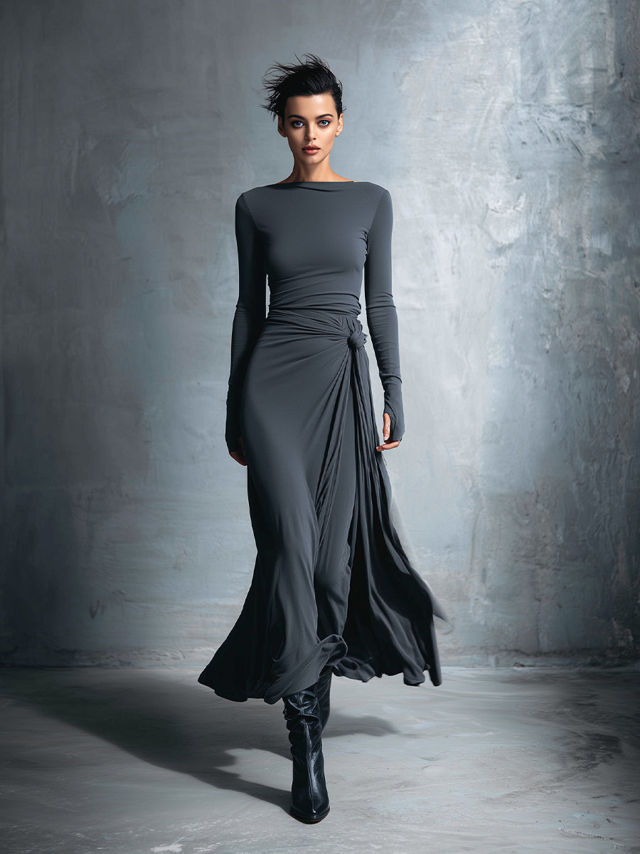 Robes maxi pour femmes en gris - Robe portefeuille ornée