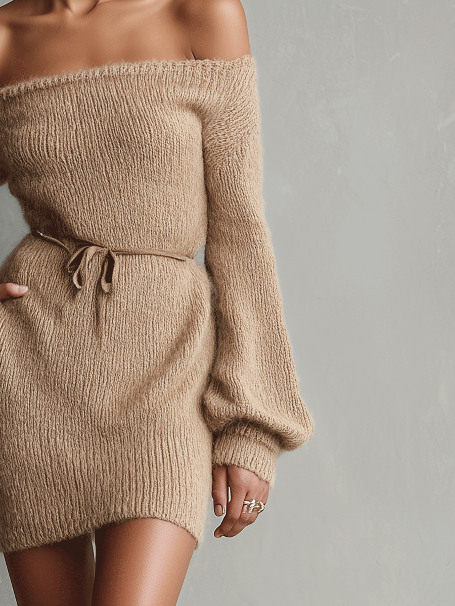 Robe mini femme camel élégante avec manches ouvertes et ceinture MDA0419I2I
