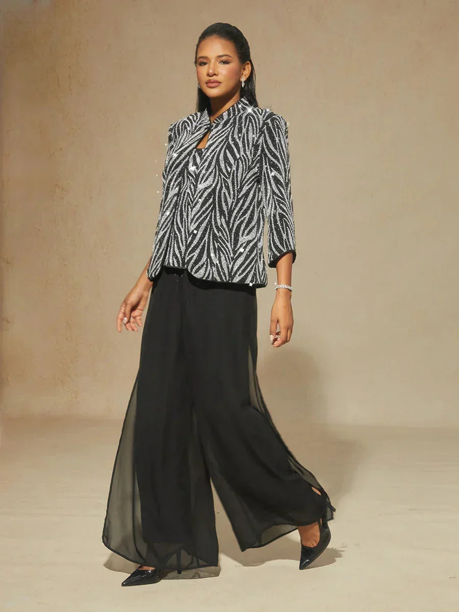 Twinset avec col mandarine et motif zèbre orné de diamants