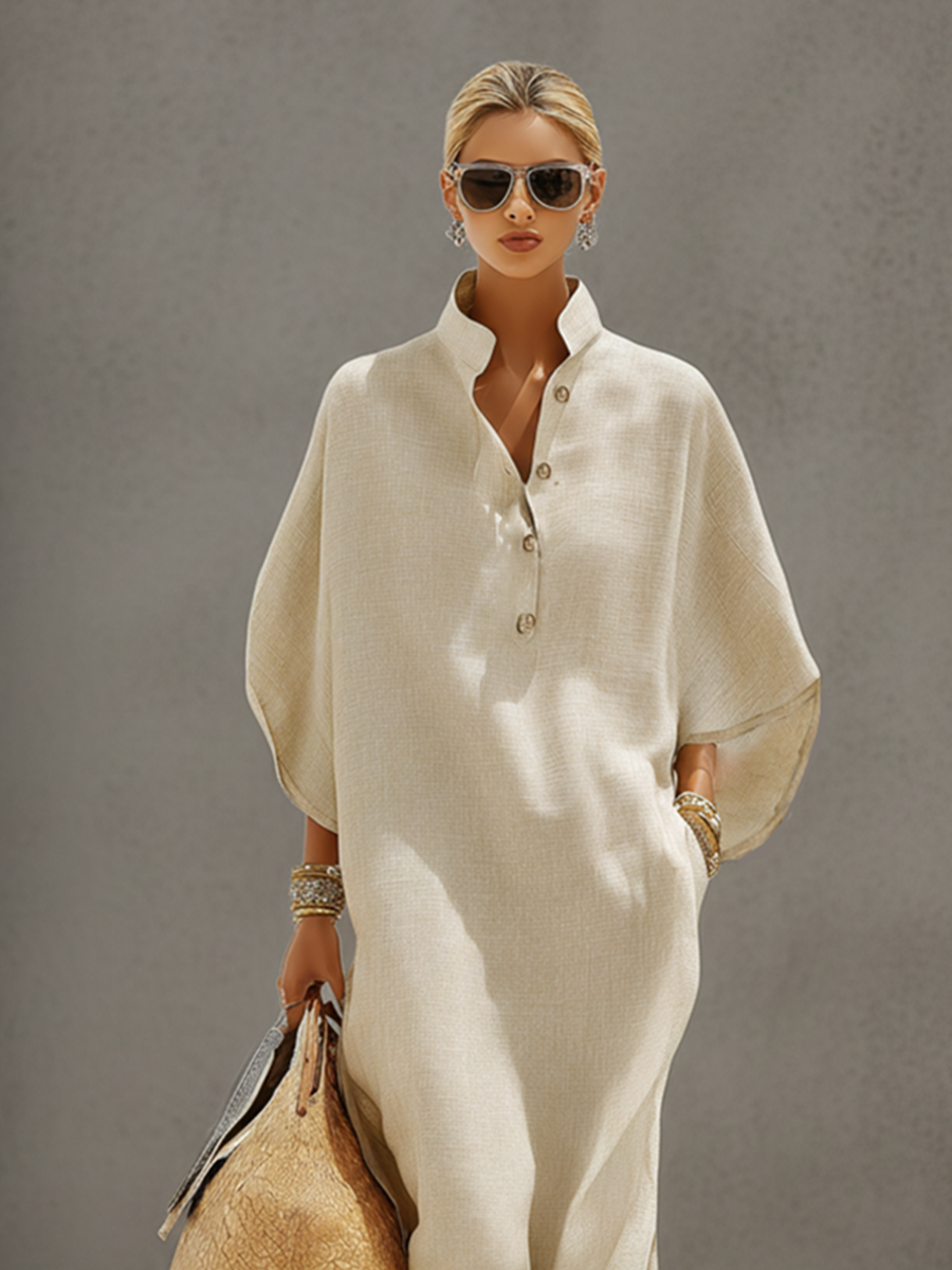 Robe en lin à motifs de grains pour femmes avec col mandarin et manches dolman, robe de style décontracté intemporelle MDZ0552B1I