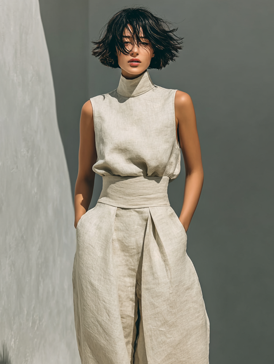Ensemble de haut sans manches en coton et lin avec un pantalon large MDZ0873A5Y