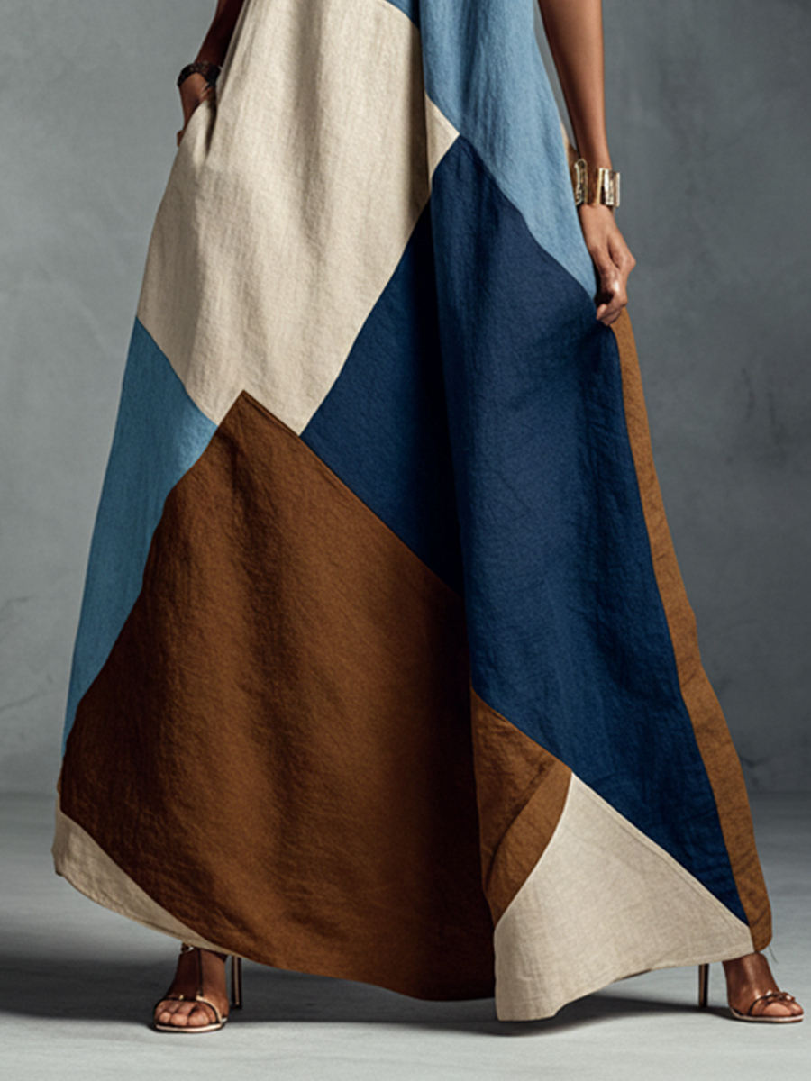 Robe maxi en patchwork de coton et lin mélangé aux couleurs bohémiennes pour femmes MDZ1956C4BA