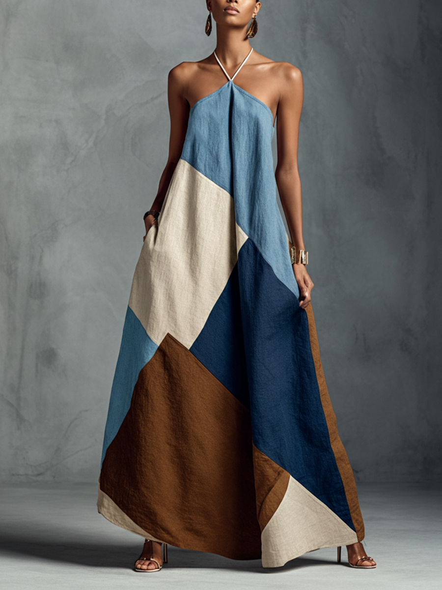 Robe maxi en patchwork de coton et lin mélangé aux couleurs bohémiennes pour femmes MDZ1956C4BA