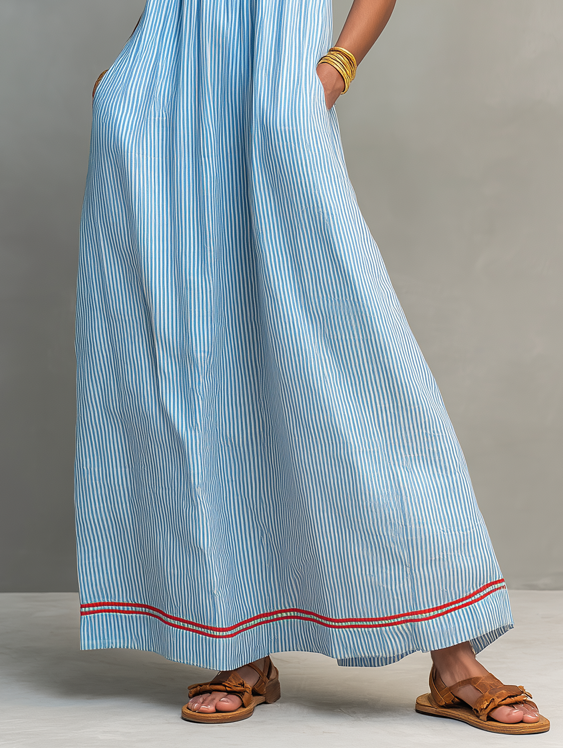 Robe maxi rayée minimaliste pour femmes avec bords rouges et bretelles spaghetti MDZ2710C3Y