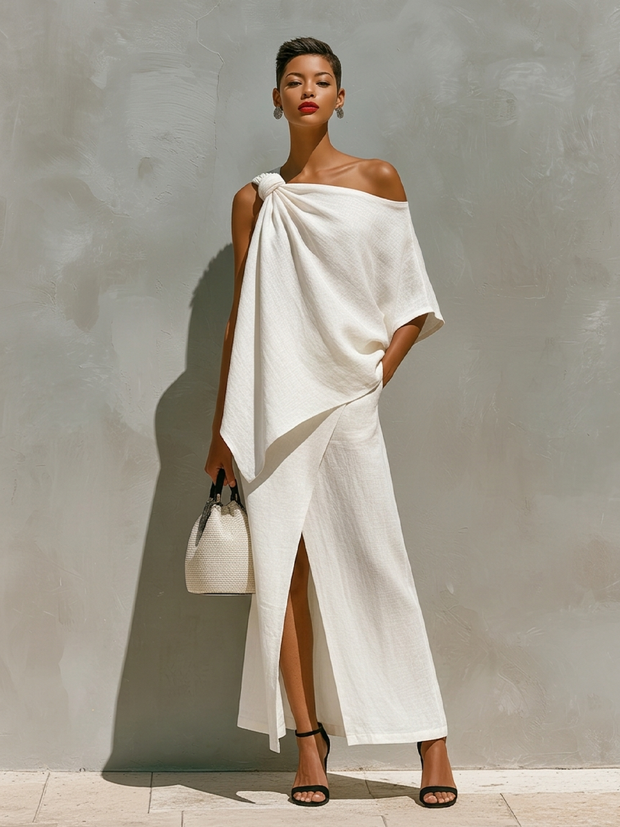 Ensemble en lin blanc pour femmes avec détail d'épaule unique et fentes avant, ensemble minimaliste de vacances classique MDZ2796C6I